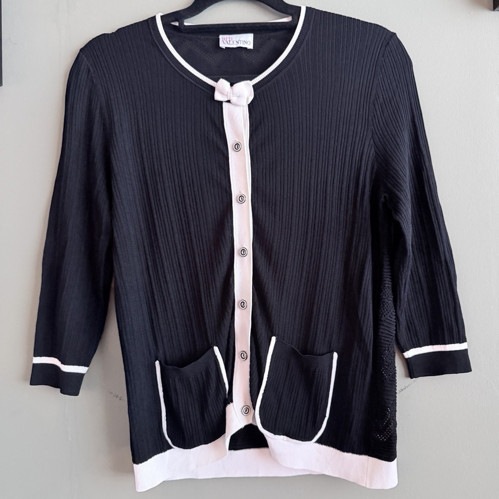 Red Valentino Rib Knit Bow Cardigan Black White Button Front Size M Italy